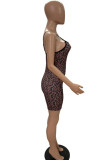 Coffee Sexy Print Leopard Patchwork Spaghetti Strap Regular Rompers