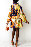 Multicolor Fashion Casual Print Without Belt Turndown Collar Long Sleeve Shirt Dress