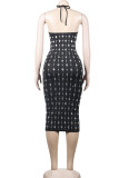 Black Sexy Solid Hollowed Out Patchwork Hot Drill Halter Pencil Skirt Dresses