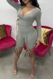 Grey Fashion Sexy Solid Bandage V Neck Long Sleeve Two Pieces