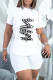 White Fashion Casual Print Slit Letter O Neck Short Sleeve Two Pieces