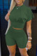 Army Green Casual Solid Patchwork O Neck Short Sleeve Two Pieces