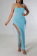 Light Blue Sexy Solid Patchwork Slit Spaghetti Strap Sling Dress Dresses