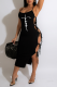 Black Sexy Print Hollowed Out Spaghetti Strap Pencil Skirt Dresses