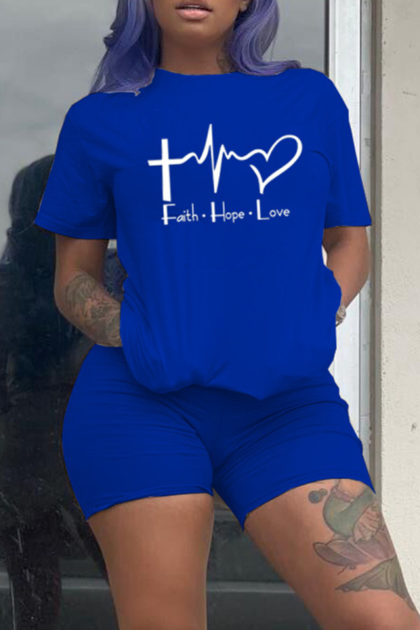 Blue Fashion Casual Print Basic O Neck Short Sleeve Two Pieces