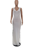 White Sexy Solid Bandage Hollowed Out Split Joint Slit V Neck Straight Dresses