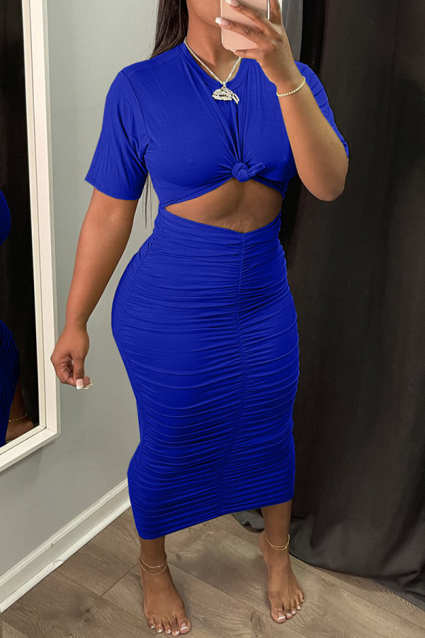 Blue Fashion Casual Solid Hollowed Out Fold O Neck Short Sleeve Dress