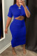 Blue Fashion Casual Solid Hollowed Out Fold O Neck Short Sleeve Dress