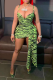 Green Sexy Print Patchwork Spaghetti Strap Irregular Dress Dresses