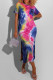 Blue Fashion Casual Tie Dye Slit O Neck Straight Dresses