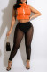 Tangerine Red Sexy Print Hollowed Out Patchwork See-through Turtleneck Sleeveless Two Pieces