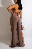 Brown Fashion Sexy Solid Frenulum Slit Half A Turtleneck Regular Jumpsuits