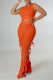 Tangerine Red Sexy Solid Hollowed Out Patchwork Frenulum O Neck Sleeveless Two Pieces