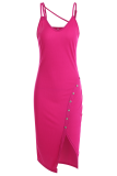 Rose Red Sexy Solid Buckle Spaghetti Strap Irregular Dress Dresses