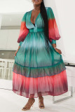 Blue Red Sexy Print Hollowed Out Patchwork Flounce V Neck Cake Skirt Dresses