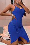 Rose Red Sexy Solid Buckle Spaghetti Strap Irregular Dress Dresses
