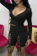 Black Fashion Sexy Solid Bandage V Neck Long Sleeve Two Pieces