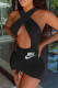Black Fashion Sexy Print Hollowed Out V Neck One Step Skirt Dresses