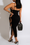 Yellow Sexy Solid Hollowed Out Spaghetti Strap Pencil Skirt Dresses