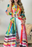 Colour Casual Print Patchwork Buckle Turndown Collar Shirt Dress Dresses(Contain The Belt)