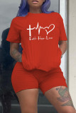 Red Fashion Casual Print Basic O Neck Short Sleeve Two Pieces