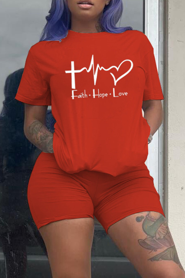 Red Fashion Casual Print Basic O Neck Short Sleeve Two Pieces