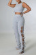 Grey Sexy Solid Hollowed Out Patchwork Frenulum O Neck Sleeveless Two Pieces
