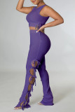 Yellow Sexy Solid Hollowed Out Patchwork Frenulum O Neck Sleeveless Two Pieces