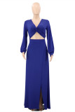 Blue Fashion Casual Solid Slit V Neck Long Sleeve Two Pieces