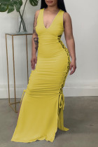 Yellow Sexy Solid Bandage Hollowed Out Split Joint Slit V Neck Straight Dresses
