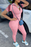 Pink Casual Solid Patchwork Turndown Collar Short Sleeve Two Pieces