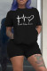 Black Fashion Casual Print Basic O Neck Short Sleeve Two Pieces