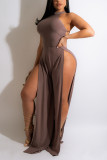 Brown Fashion Sexy Solid Frenulum Slit Half A Turtleneck Regular Jumpsuits