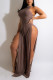 Brown Fashion Sexy Solid Frenulum Slit Half A Turtleneck Regular Jumpsuits