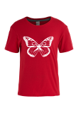 Red Fashion Street Butterfly Print Patchwork O Neck T-Shirts
