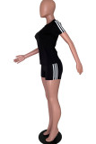 Black Fashion Casual Solid Patchwork O Neck Short Sleeve Two Pieces