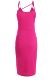 Rose Red Sexy Solid Buckle Spaghetti Strap Irregular Dress Dresses
