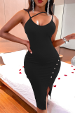 Rose Red Sexy Solid Buckle Spaghetti Strap Irregular Dress Dresses