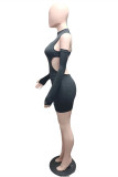 Black Fashion Sexy Solid Hollowed Out Backless O Neck Dresses (With Sleeve)