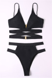 Black Fashion Sexy Solid Hollowed Out Backless Swimwears (With Paddings)