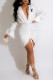 White Fashion Street Print Fold V Neck Wrapped Skirt Dresses
