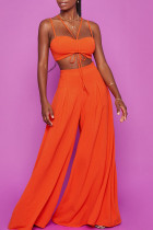 Tangerine Red Elegant Solid Split Joint Spaghetti Strap Sleeveless Two Pieces