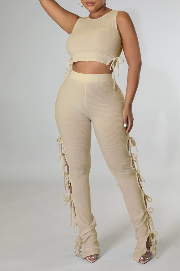 Khaki Sexy Solid Hollowed Out Patchwork Frenulum O Neck Sleeveless Two Pieces
