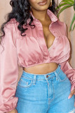 Pink Fashion Casual Solid Fold Turndown Collar Tops