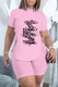 Pink Fashion Casual Print Slit Letter O Neck Short Sleeve Two Pieces