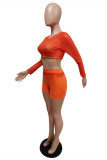 Orange Fashion Casual Solid Split Joint See-through O Neck Long Sleeve Two Pieces