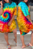Red Fashion Casual Print Tie Dye Basic O Neck Short Sleeve Dress