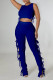 Blue Sexy Solid Hollowed Out Patchwork Frenulum O Neck Sleeveless Two Pieces