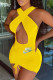 Yellow Fashion Sexy Print Hollowed Out V Neck One Step Skirt Dresses