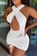 White Fashion Sexy Print Hollowed Out V Neck One Step Skirt Dresses